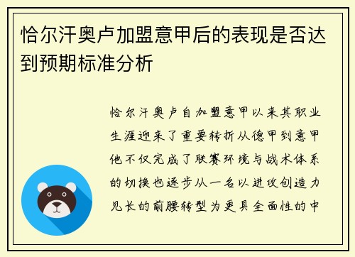 恰尔汗奥卢加盟意甲后的表现是否达到预期标准分析