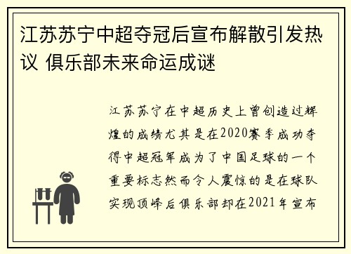 江苏苏宁中超夺冠后宣布解散引发热议 俱乐部未来命运成谜 江苏苏宁中超夺冠后宣布解散引发热议 俱乐部未来命运成谜